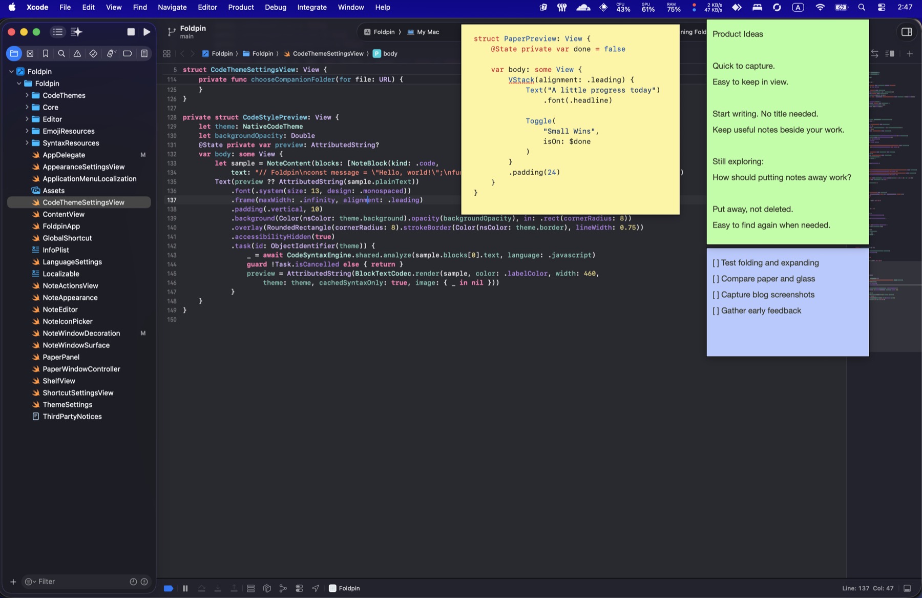 macOS Stickies beside Xcode, containing code, product ideas, and a task list.