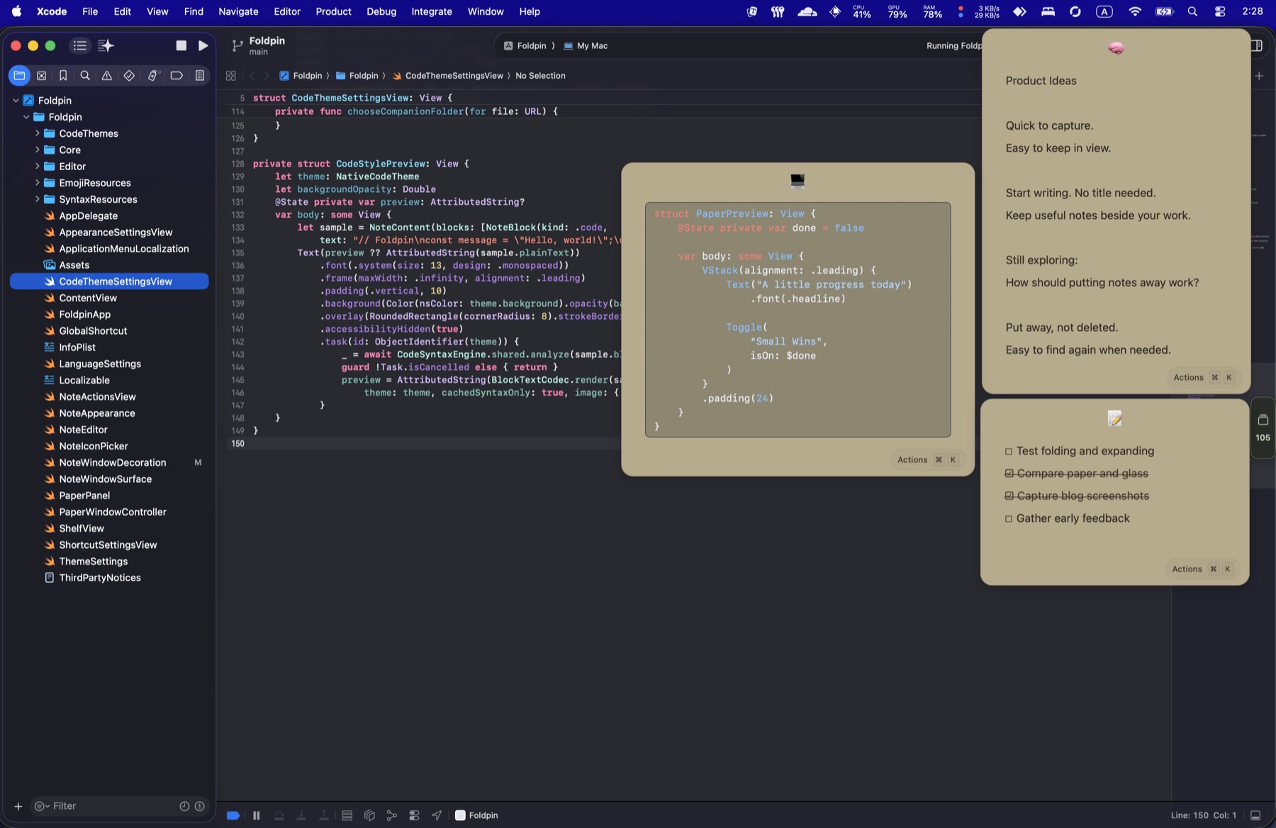 Foldpin beside Xcode, with separate notes for a native code block, product ideas, and tasks.
