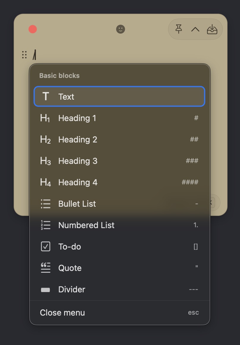 Foldpin's slash menu showing text, four heading levels, lists, tasks, quotes, and dividers.