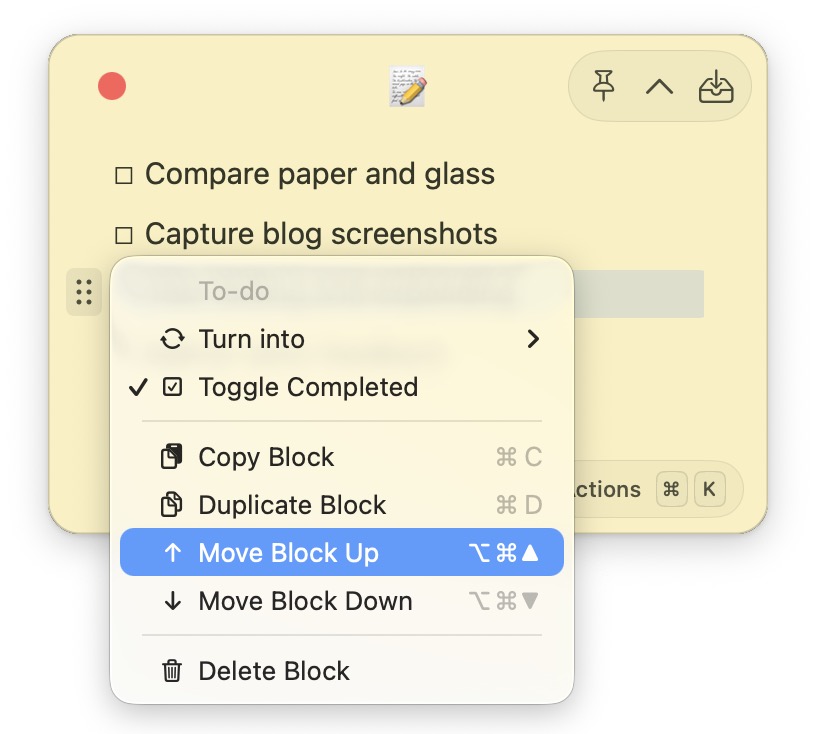 Foldpin's task block menu showing conversion, completion, copy, duplicate, move, and delete actions, with Move Block Up highlighted.