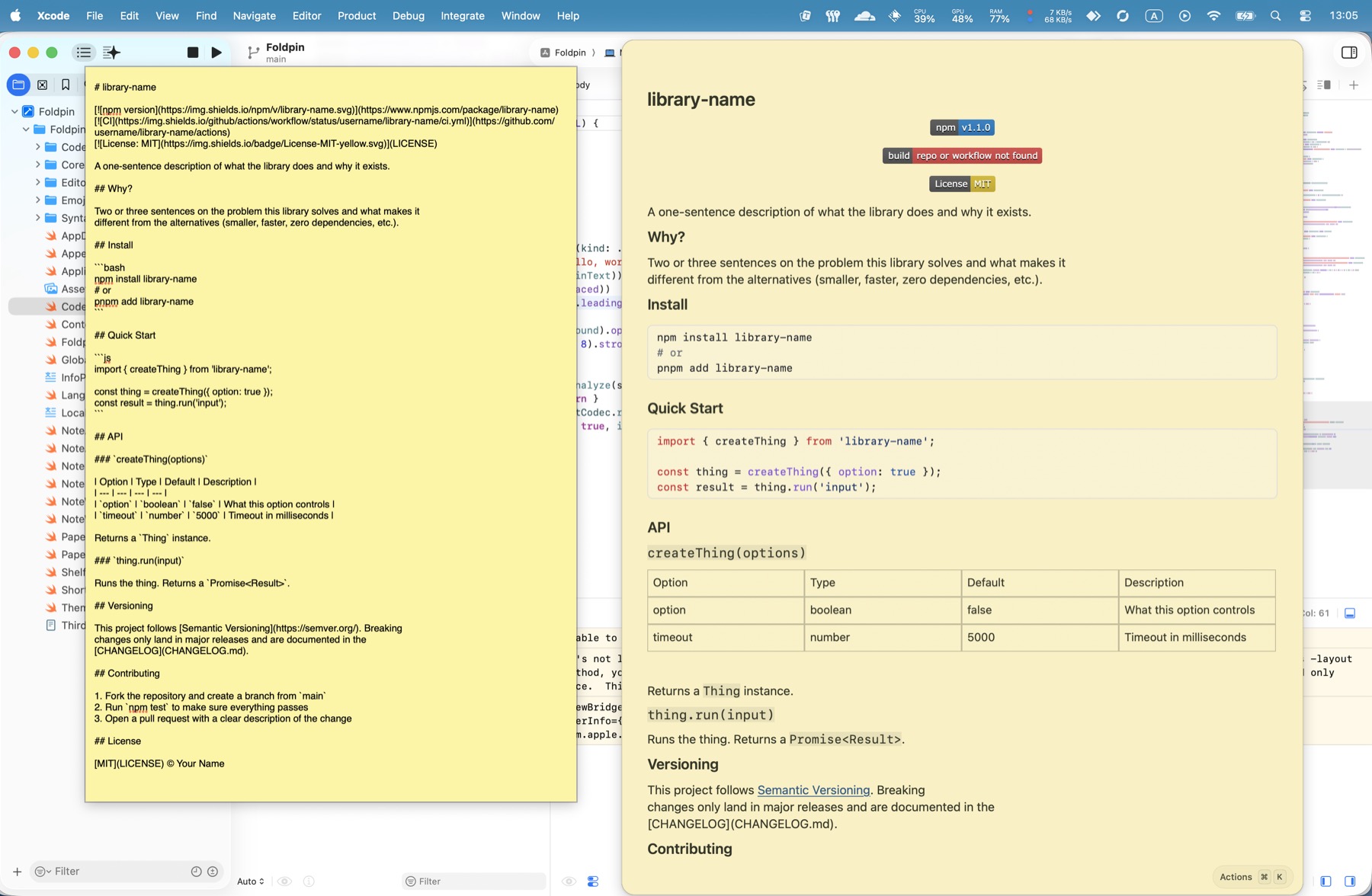 Markdown paste comparison: README source in Stickies on the left, and converted headings, highlighted code, inline code, and a table in Foldpin on the right.