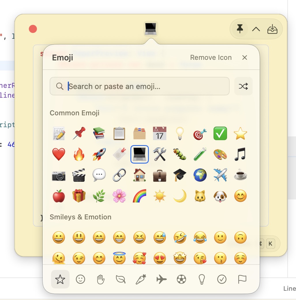 Foldpin's emoji picker with search, common emoji, and category navigation; a laptop icon is selected.