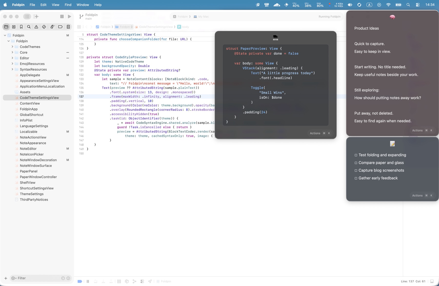Foldpin's glass appearance in dark mode, with dark code, idea, and task notes beside a light Xcode window.