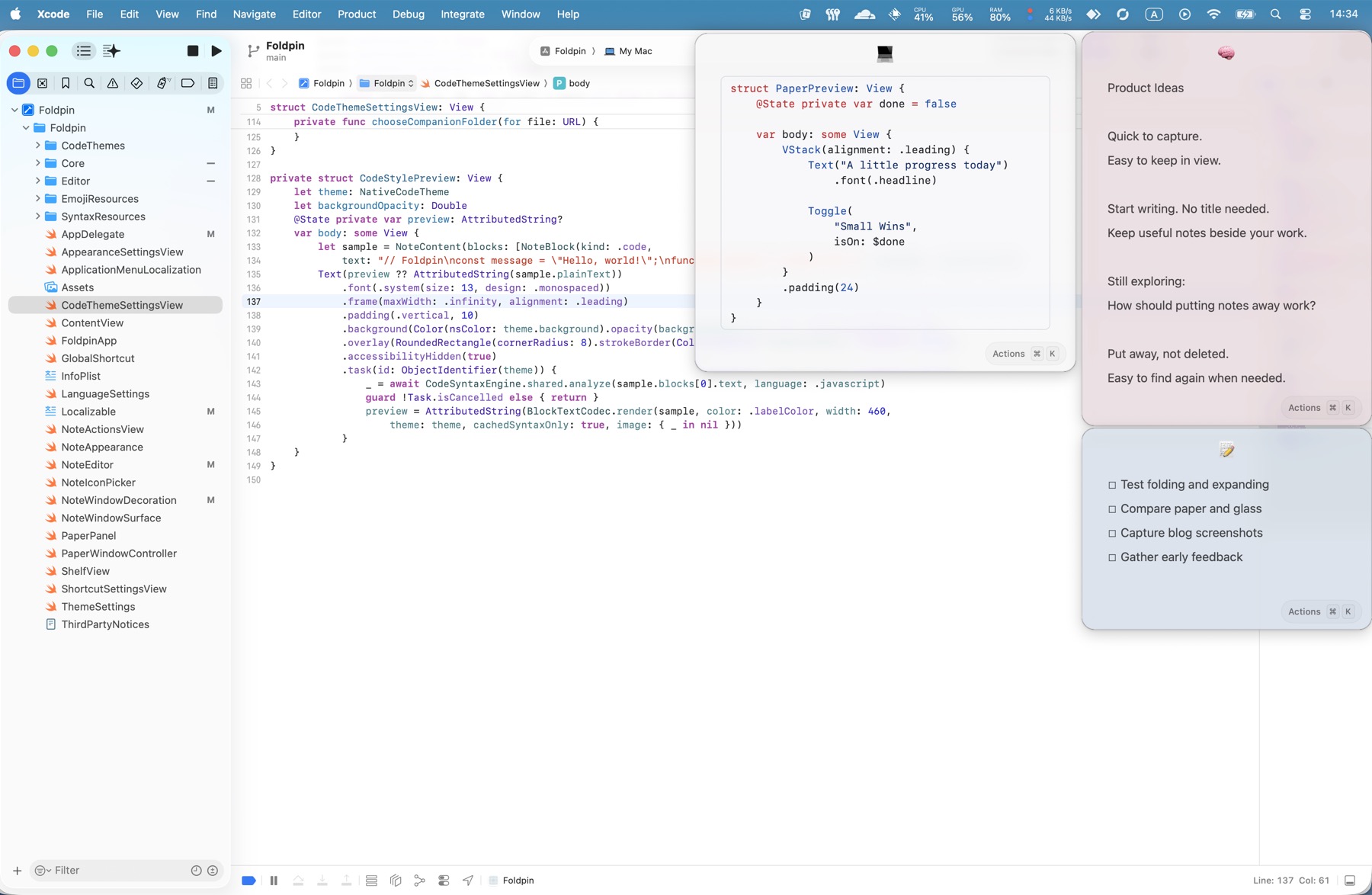 Foldpin's glass appearance in light mode, with a light code note and pale pink and blue notes beside Xcode.