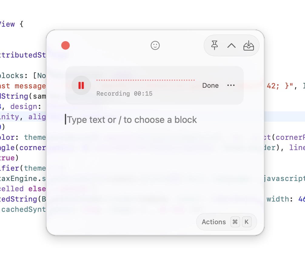 A Foldpin note recording audio, showing Recording 00:15 alongside pause, Done, and more controls.